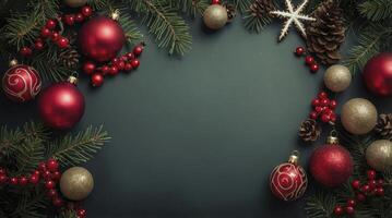 Arranging Christmas Ornaments and Pine Branches on a Dark Green Surface photo