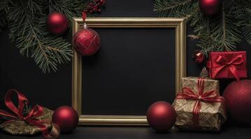 Arrange Christmas Decorations Around Picture Frame with Gift Box for Festive Season photo