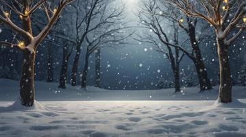 Snowy Winter Wonderland Forest with Lights and Falling Snow Effect photo