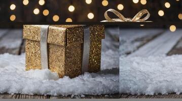Glittering Gift Box with Gold Ribbon on Snowy Wooden Surface photo