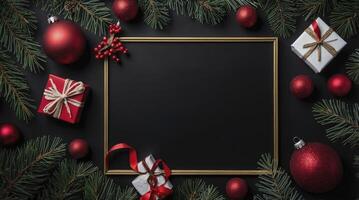 Festive Christmas Frame with Red Ornaments and Gift Boxes photo