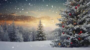 Decorated Christmas Tree in Snowy Forest at Sunset During Winter Season photo