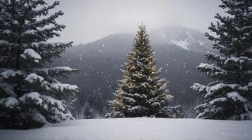 Christmas Tree with Lights in Snowy Mountain Landscape During Snowfall photo