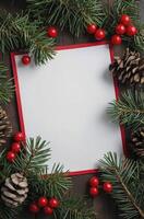 Blank White Card Surrounded by Festive Christmas Decorations on Wooden Background photo