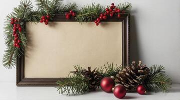 Christmas Frame Mockup with Ornaments Pinecones and Red Berries Decoration photo