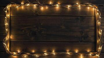 Glowing String Lights Frame on Dark Wood Background for Festive Design photo