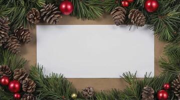 Christmas Decoration with White Card Holiday Background for Greetings and Invitations photo