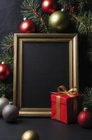 Christmas Frame with Ornaments and Gift for Festive Decoration Mockup photo