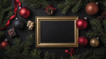 Christmas Frame Mockup with Ornaments and Pine Branches on Dark Background photo
