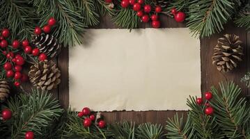 Christmas Holiday Card with Pine Branches and Berries on Wood Table photo