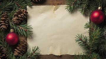 Holiday Background with Pine Branches, Ornaments and Parchment Paper Template photo