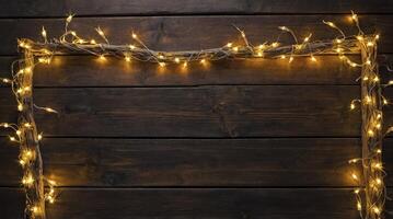 Rustic Wooden Frame with Warm Glowing String Lights on Dark Background photo
