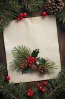 Festive Holiday Greeting Card Mockup with Pine Cones and Berries photo