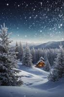Log Cabin in Snowy Winter Wonderland with Falling Snow and Trees photo