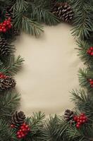 Festive Holiday Frame with Pine Branches, Berries, and Pinecones photo