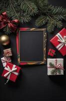 Christmas Frame with Gifts and Decorations on Dark Background Festive Mood photo