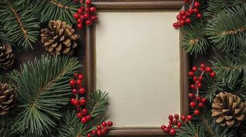 Christmas Frame with Pine Cones and Berries for Festive Greetings photo