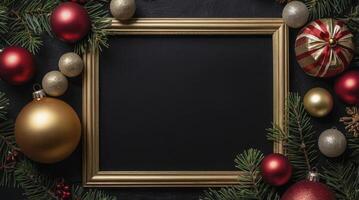 Christmas Ornaments and Evergreen Branches Framing a Blank Chalkboard Space photo