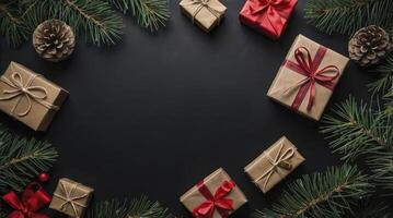 Arrangement of Christmas Gifts Pine Branches and Cones on Dark Background photo
