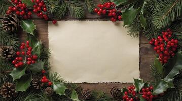 Christmas Frame with Holly Berries Pine Cones and Paper Card photo