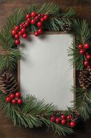 Festive Christmas Holiday Greenery and Red Berry Frame with Paper photo