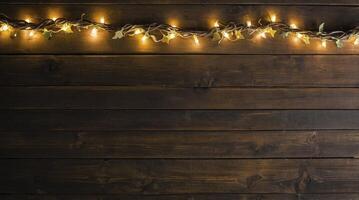 Festive String Lights with Ivy on Rustic Wooden Wall photo