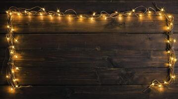 Glowing String Lights Bordering Dark Wooden Surface Providing Holiday Decor photo