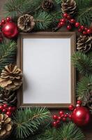 Christmas Frame Mockup with Pine Branches Cones and Red Ornaments photo