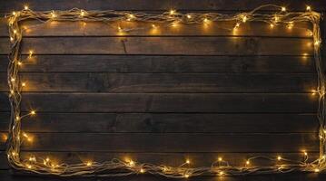 Glowing String Lights Frame on Dark Wood Planks Background photo
