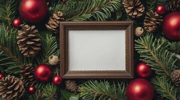 Christmas Frame Surrounded by Festive Pine Branches Ornaments and Pinecones photo