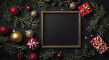 Festive Christmas Decoration with Blank Frame Ornaments and Gift Boxes photo