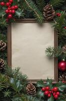 Festive Frame with Holiday Greenery Pinecones and Berries for Custom Messages photo