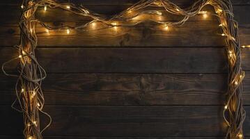 Rustic Wooden Backdrop with Twig Frame and Warm Fairy Lights Decoration photo