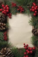 Festive Holiday Card with Pine Needles and Berries Decorative Border photo