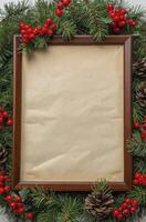 Festive Frame with Pine Branches and Berries on Beige Paper photo