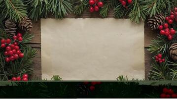 Craft Paper with Christmas Pine Branches, Berries and Cones on Wood photo