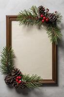 Holiday Frame Decorated with Pine Cones and Berries for Festive Greetings photo