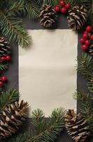 Christmas Pine Branches and Berries Framing Blank Paper for Holiday Message photo