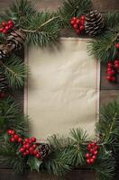 Christmas Decoration with Pine Branches, Berries, Cones and Paper photo