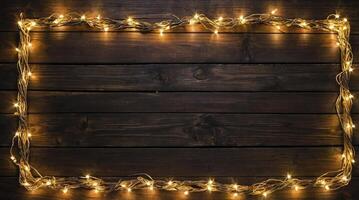 Festive Glowing String Lights Bordering a Dark Wooden Background photo