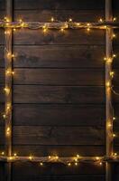 Wooden Ladder with Glowing String Lights Against Rustic Wood Wall photo