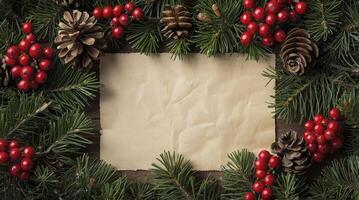 Christmas Decoration Frame with Pine Branches Berries and Paper photo