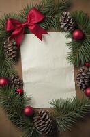 Christmas Decoration with Pine Tree Branches, Red Bow, and Empty Paper photo