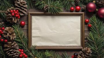 Christmas Decoration Frame with Pine Cones Berries and Ornaments on Wood photo
