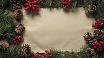 Festive Christmas Frame with Blank Paper, Pine Branches, Cones, and Berries photo