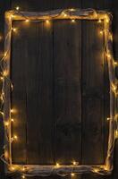 Rustic Wooden Frame with Warm Fairy Lights on Dark Wood Surface photo
