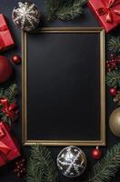 Festive Christmas Frame with Gifts Ornaments and Fir Branches on Black photo