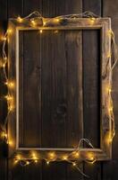 Rustic Wooden Frame with Glowing String Lights on Dark Wood Background photo