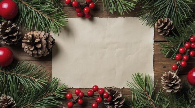 Holiday Pine Branches and Berries Frame Old Paper for Festive Greetings photo
