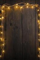 Festive String Lights Bordering Dark Wood Planks for Holiday Backgrounds photo